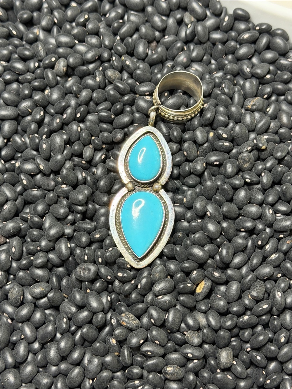 Native Made Stamped and Signed Silver Pendant Necklace with Turquoise Teardrops